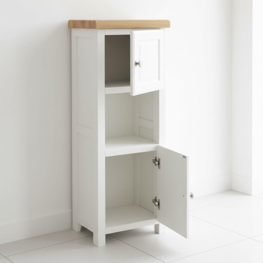 Slim Cabinet Bathroom Storage, Painted White Cabinet with Natural Wood Top, Double Door, Ready Assembled (White 2)