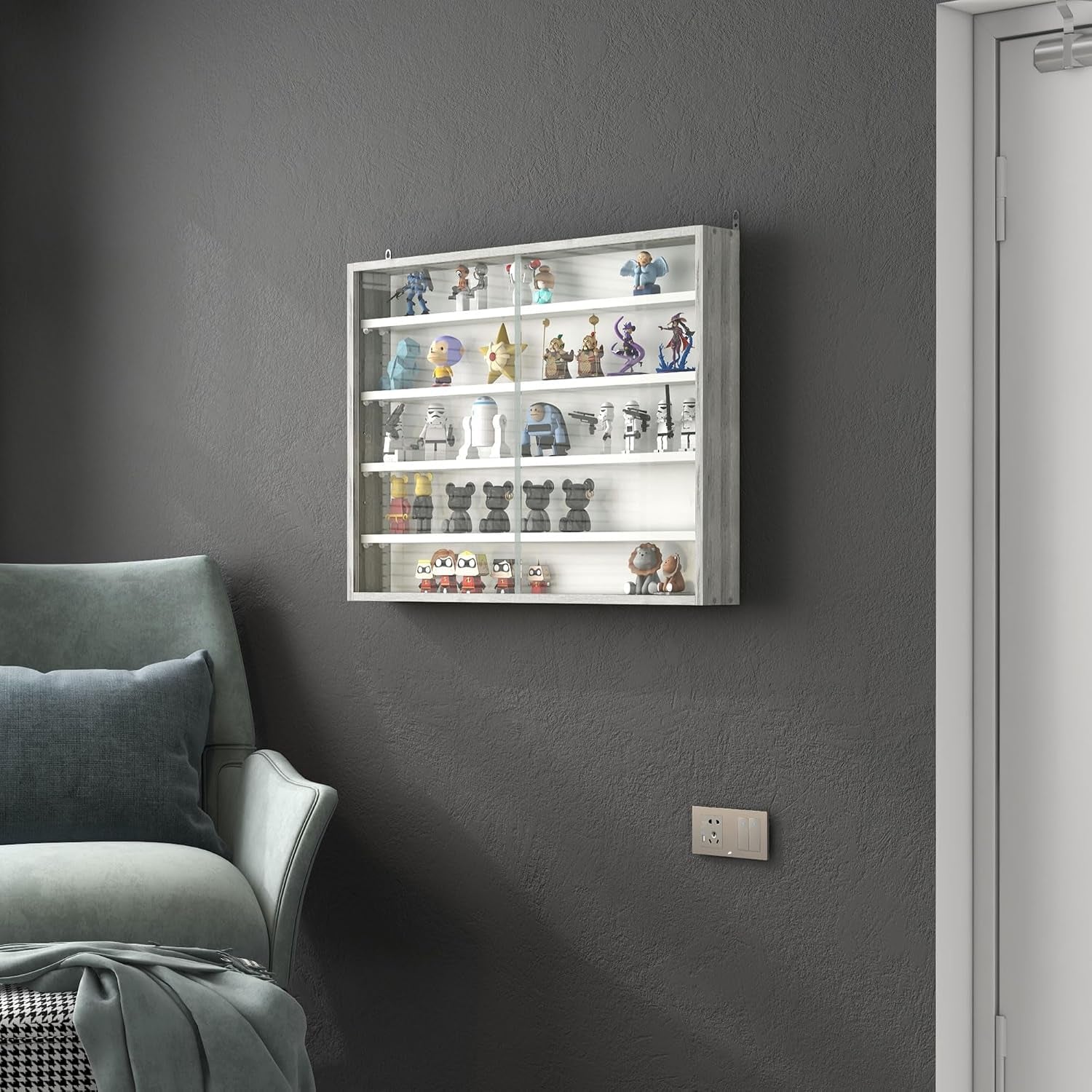 5-Tier Wall Mounted Display Cabinet Glass Doors 60X80Cm Grey Wood | Display Case, 4 Adjustable Shelves, for Home Office Ornaments