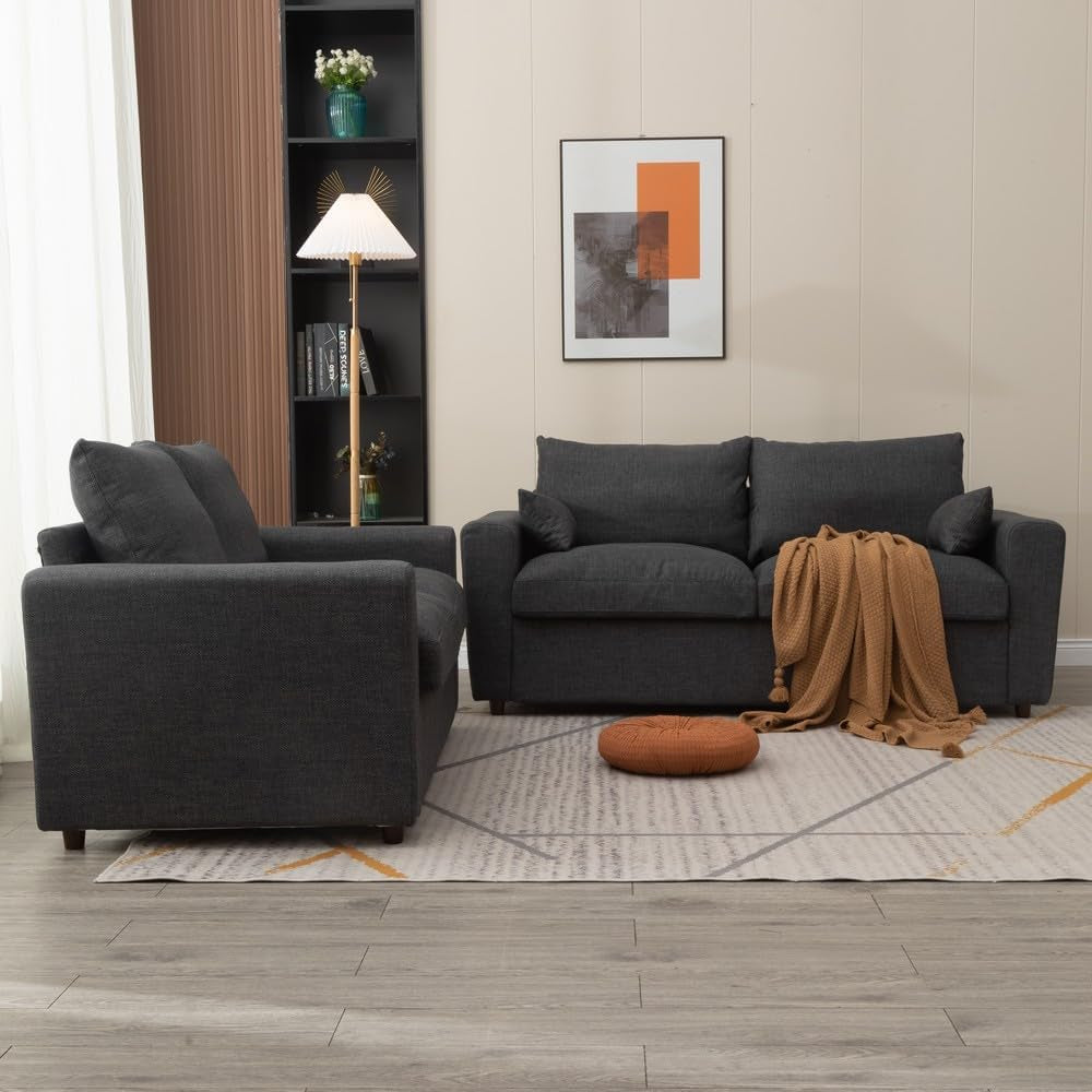 Loveseat Sofa - 2-Seater and 3 Seater Couch Seette - Fabric Sofa with under Storage for Small Space Livingroom (Dark Grey Linen Fabric, 2 Seater)