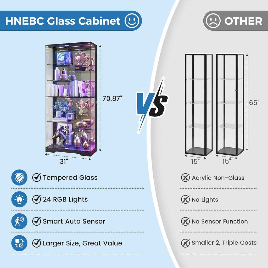 180Cm Glass Display Cabinets with RBG Lights for Collectibles,Black | 10-Tier Curio Cabinet with Lockable, Display Cases with Human Body Sensor and Glass Shelves for Books, Toys