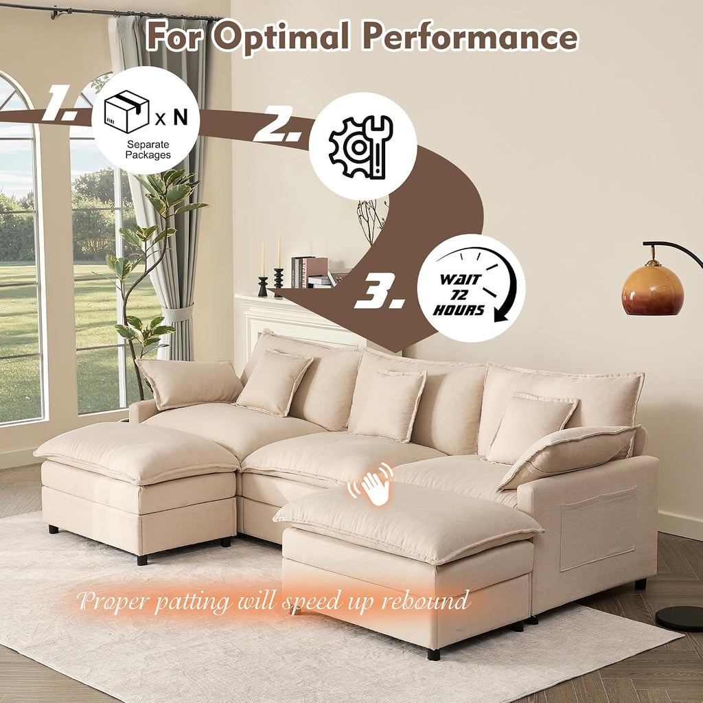 274 Cm U-Shaped Sofa, Linen Deep Seat Sofa Bed, Beige | Cloud Comfort, Deep Seat Design, Soft Chenille Upholstery, Machine-Washable Covers, Movable Ottoman