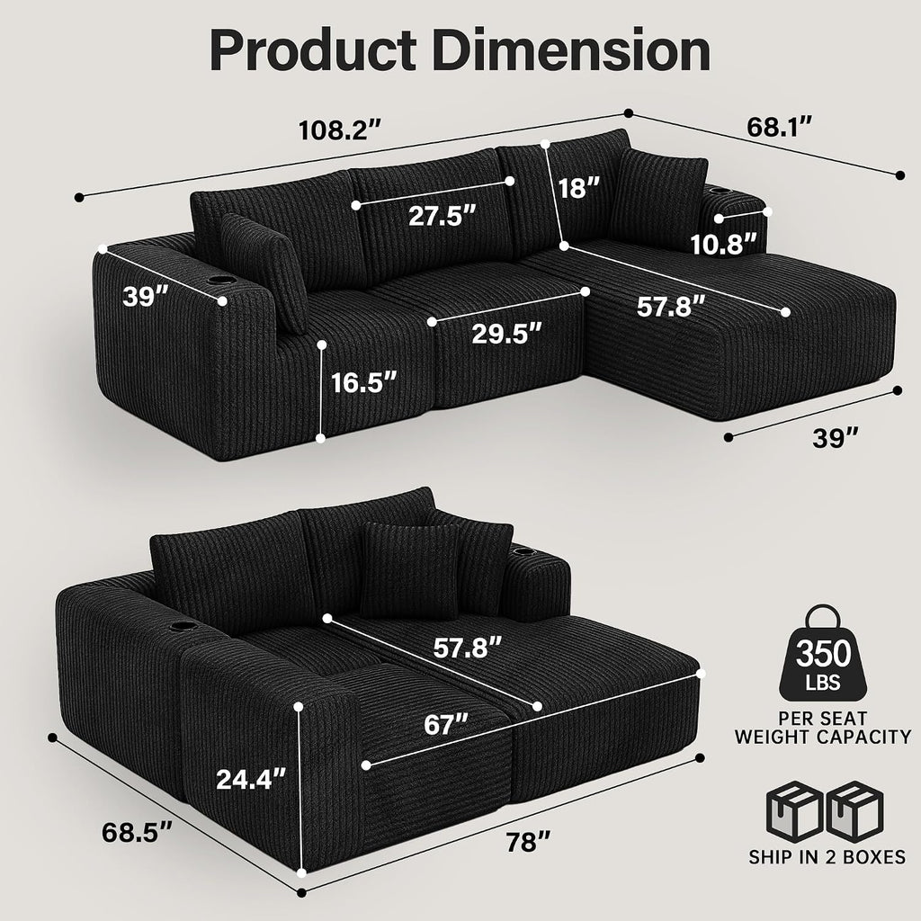 275Cm L-Shaped Sofa Boneless Modular Sectional Cloud Couch | 3-4 Seater, Corduroy Memory Foam,Cup Holder,No Assembly,Living Room & Bedroom
