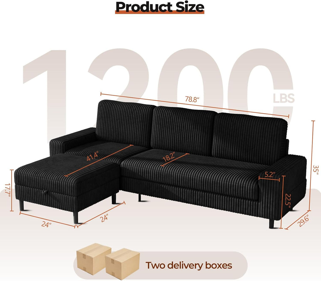 200Cm L Shaped Sofa with Movable Storage Ottoman, Black | 3-Seater Modular Sectional Sofa, Corduroy Couch, Wooden Frame, Deep Seat, Ideal for Living Room