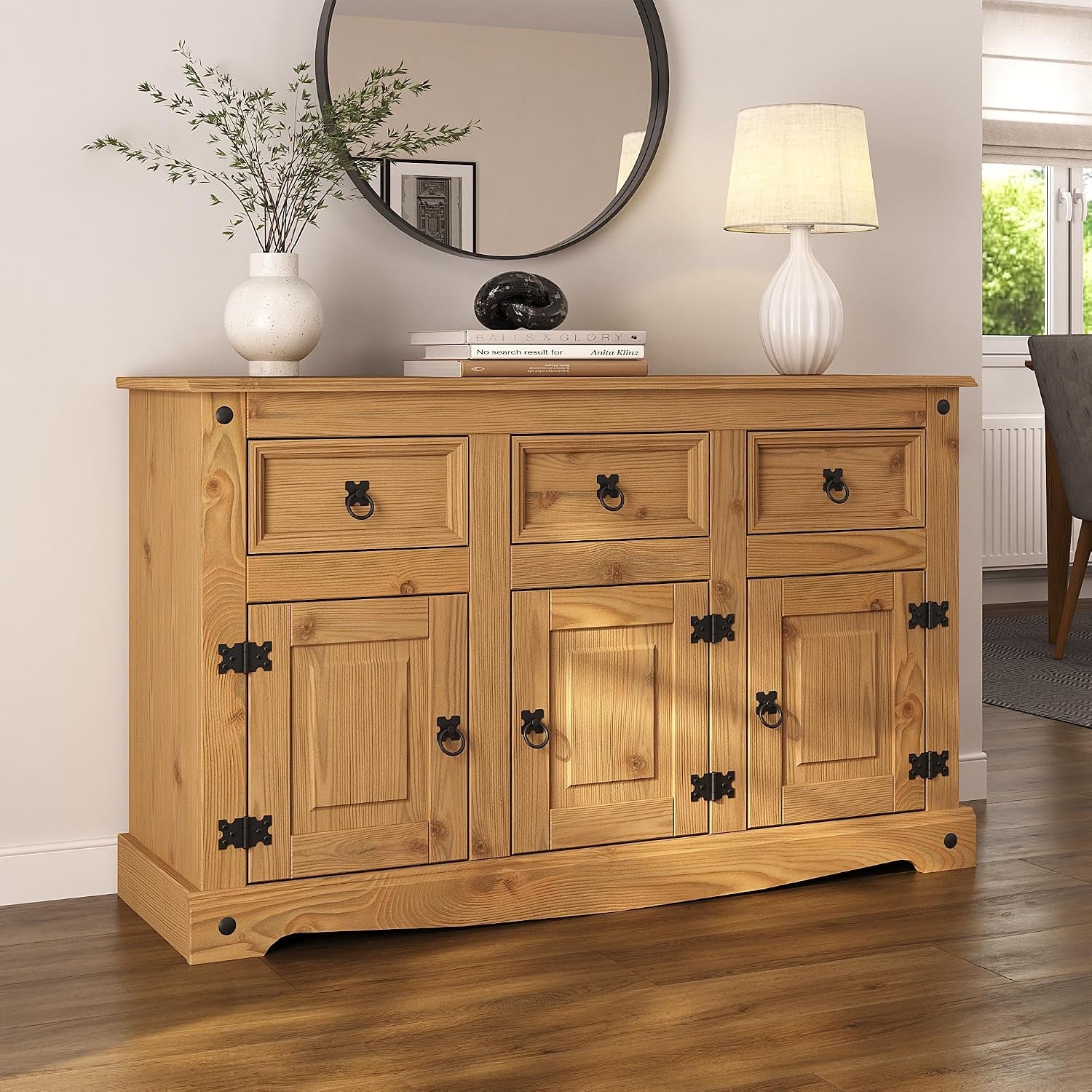 Corona Sideboard 3 Door 3 Drawer Mexican Style Solid Pine Wood Cupboard with Wax Finish Black Metal Hardware W 125 Cm X D 40 Cm X H 76 Cm