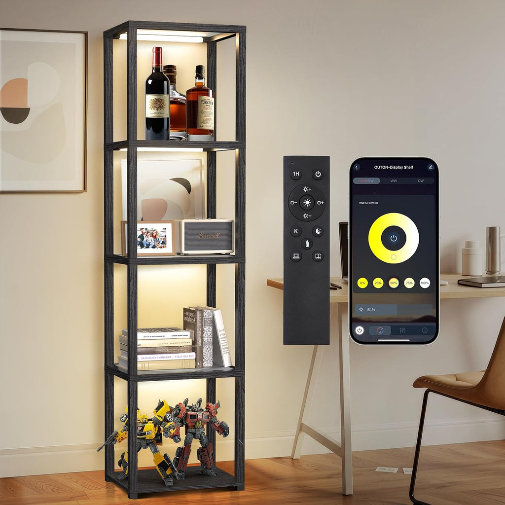 67" Glass Display Shelf with Dimmable LED Floor Lamp, Collectibles Display Cabinet with Remote & App Control, 5 Tier Open Bookshelf Lamp for Living Room, Bedroom, Office, Home Decor, Black | Remote Control and App Control, Open Bookcase Light for Living Room and Bedroom, Black