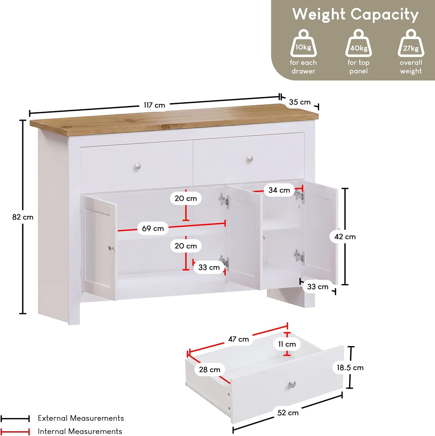 Arlington Sideboard, Buffet Table, Cupboard Cabinet (White & Oak, 2 Drawer 3 Door)