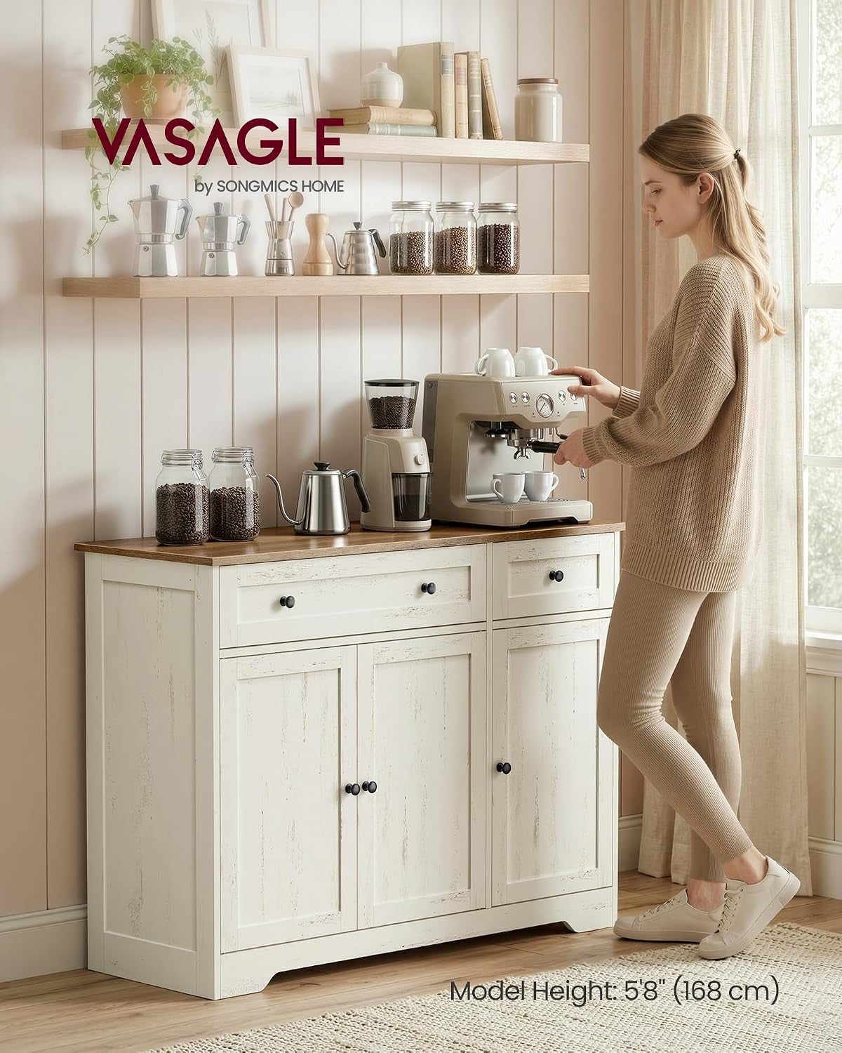 Collection - Storage Cabinet, Farmhouse Buffet Cabinet with 2 Drawers and Adjustable Shelves, 3 Doors, Sideboard, Coffee Bar, 40 X 107 X 80 Cm, Rustic White and Honey Brown SIREN LSC531WJ01