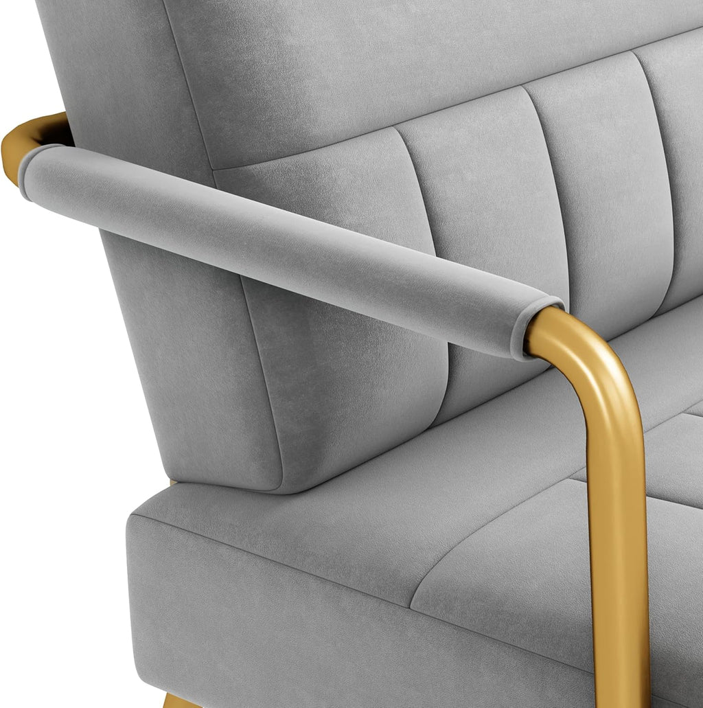 Light Grey 2 Seater Sofa, Velvet Small Compact Loveseat Couch | Upholstered Sofa Bed, Golden Metal Arms and Legs, Small Space for Apartment Bedroom Living Room, Easily Assembly