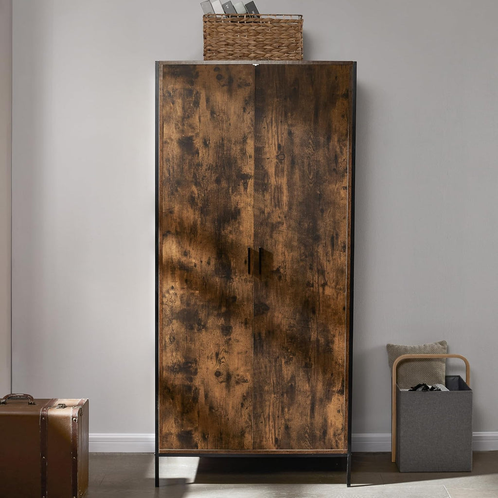 Brooklyn 2 Door Wardrobe Clothes Hanging Rail Shelf Industrial Rustic Bedroom Furniture (Dark Wood)