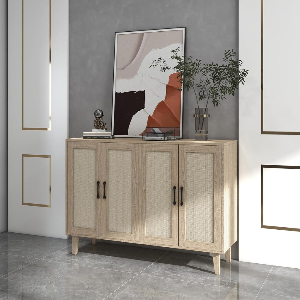 Buffet Storage Cabinet with Rattan Decorating Living Room Wood Kitchen Sideboard Accent Cabinet (Natural Wood, 123(W) X 38(D) X 88(H))