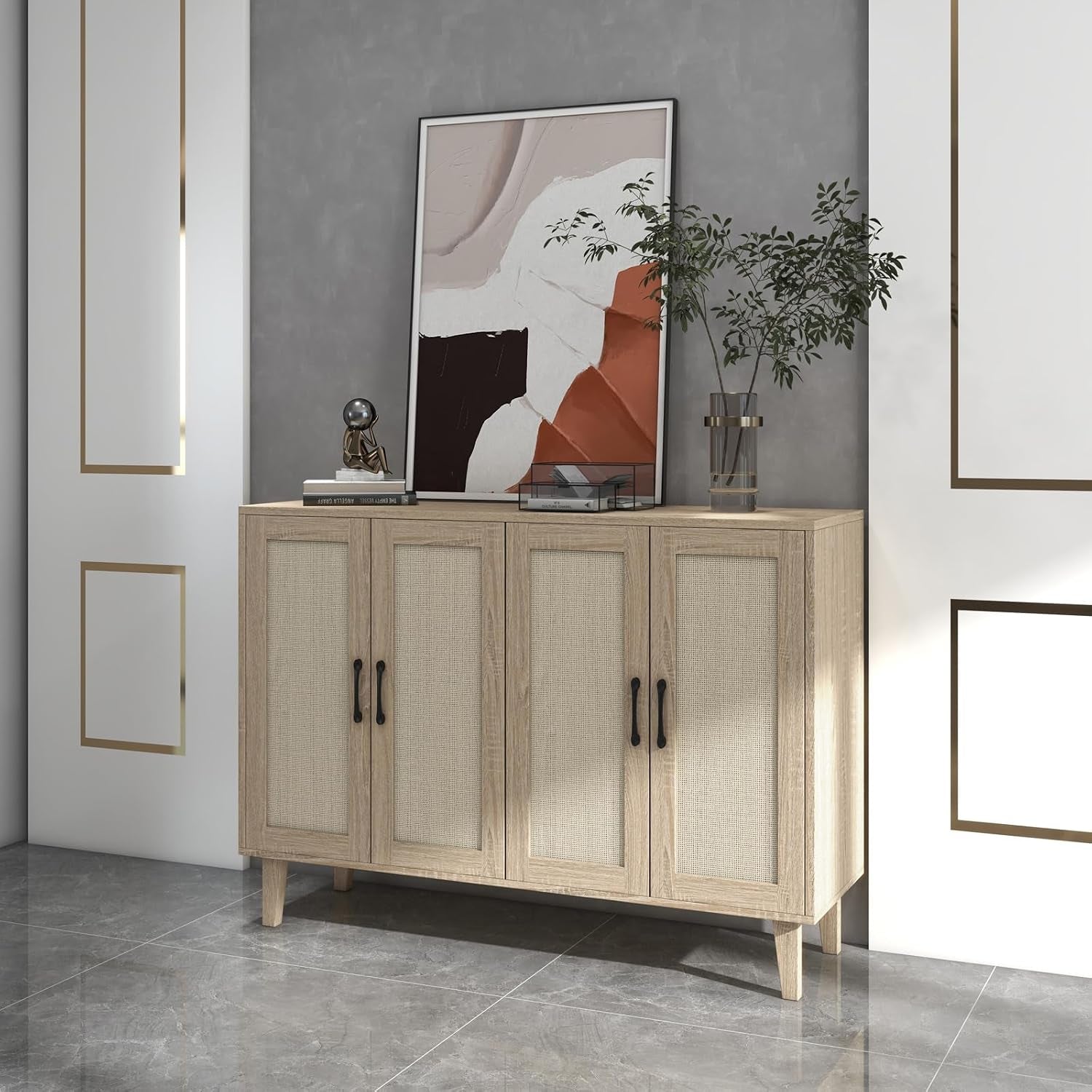 Buffet Storage Cabinet with Rattan Decorating Living Room Wood Kitchen Sideboard Accent Cabinet (Natural Wood, 123(W) X 38(D) X 88(H))