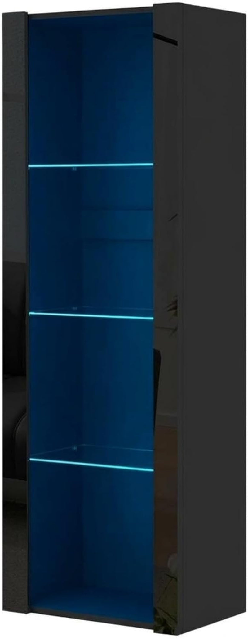 LED Tall Display Cabinet with Glass Shelf Modern Sideboard Cupboard Unit for Living Room Bedroom Furniture (Black Matt Body & Black High Gloss Fronts)