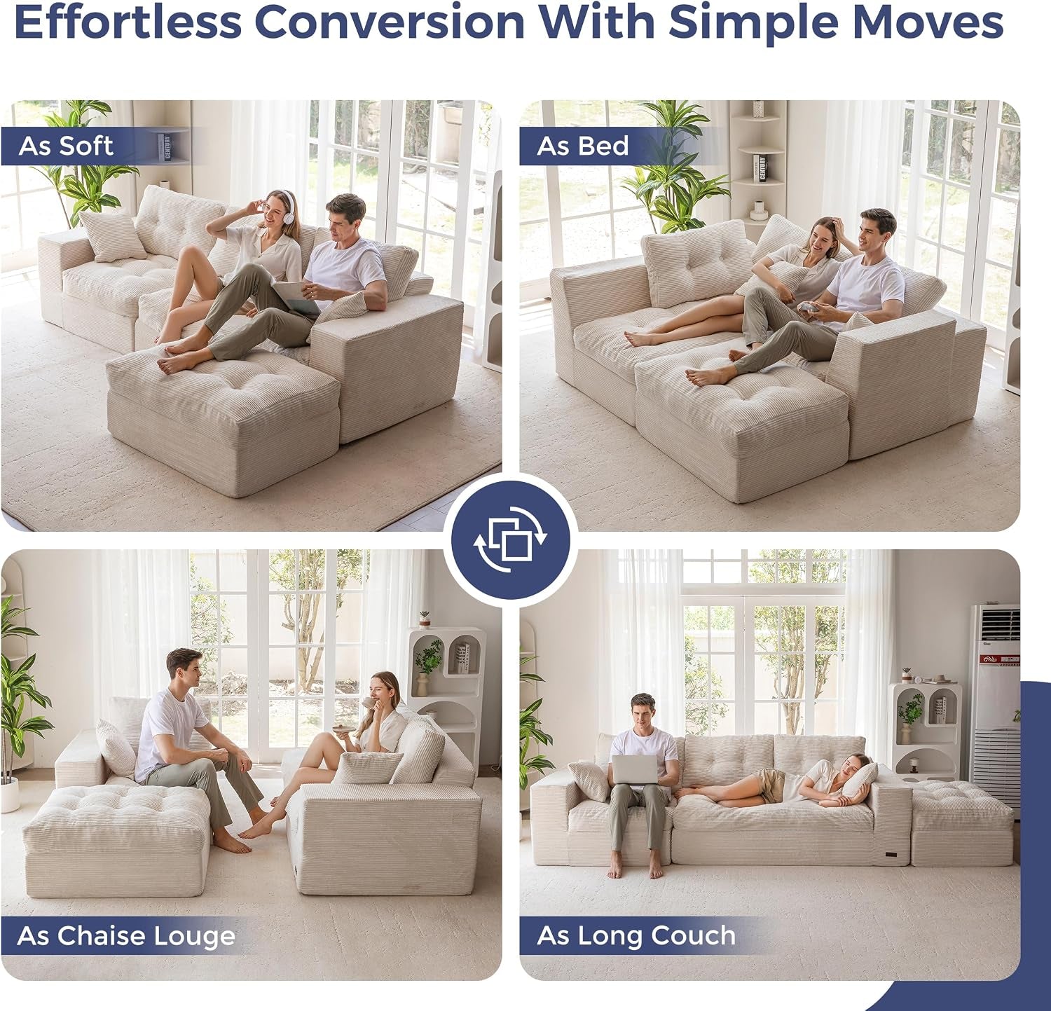 Modular Sectional Sofa,Jumbo Cord 3-4 Seater Corner Sofa Left/Right Hand Facing Corduroy L Shaped Couch for Living Room Bedroom, No Assembly Required Off-White