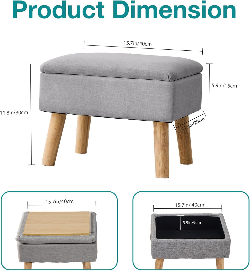 Footstool Ottoman with Storage, Linen Rectangle Storage Ottoman, Foot Stool with Legs Sofa Footrest for Living Room Entryway Office, Gray
