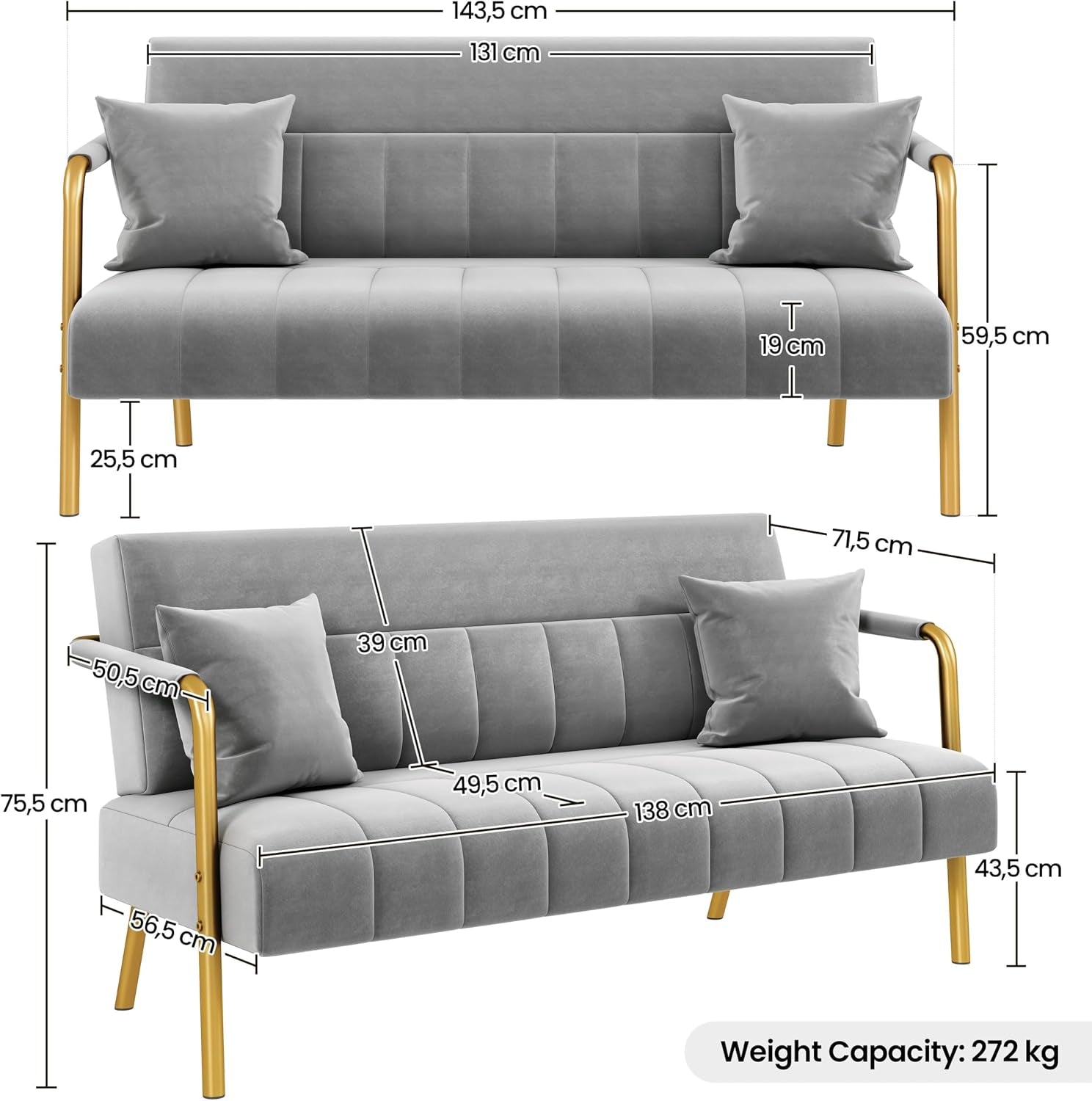 Light Grey 2 Seater Sofa, Velvet Small Compact Loveseat Couch | Upholstered Sofa Bed, Golden Metal Arms and Legs, Small Space for Apartment Bedroom Living Room, Easily Assembly