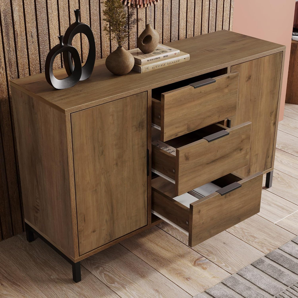 Sideboard Cabinet Cupboard with 2 Doors and 3 Drawers, Rustic Sideboards for Living Room, Kitchen, and Hallway, Adjustable Shelf, 120 X 40 X 76 Cm, Dark Oak