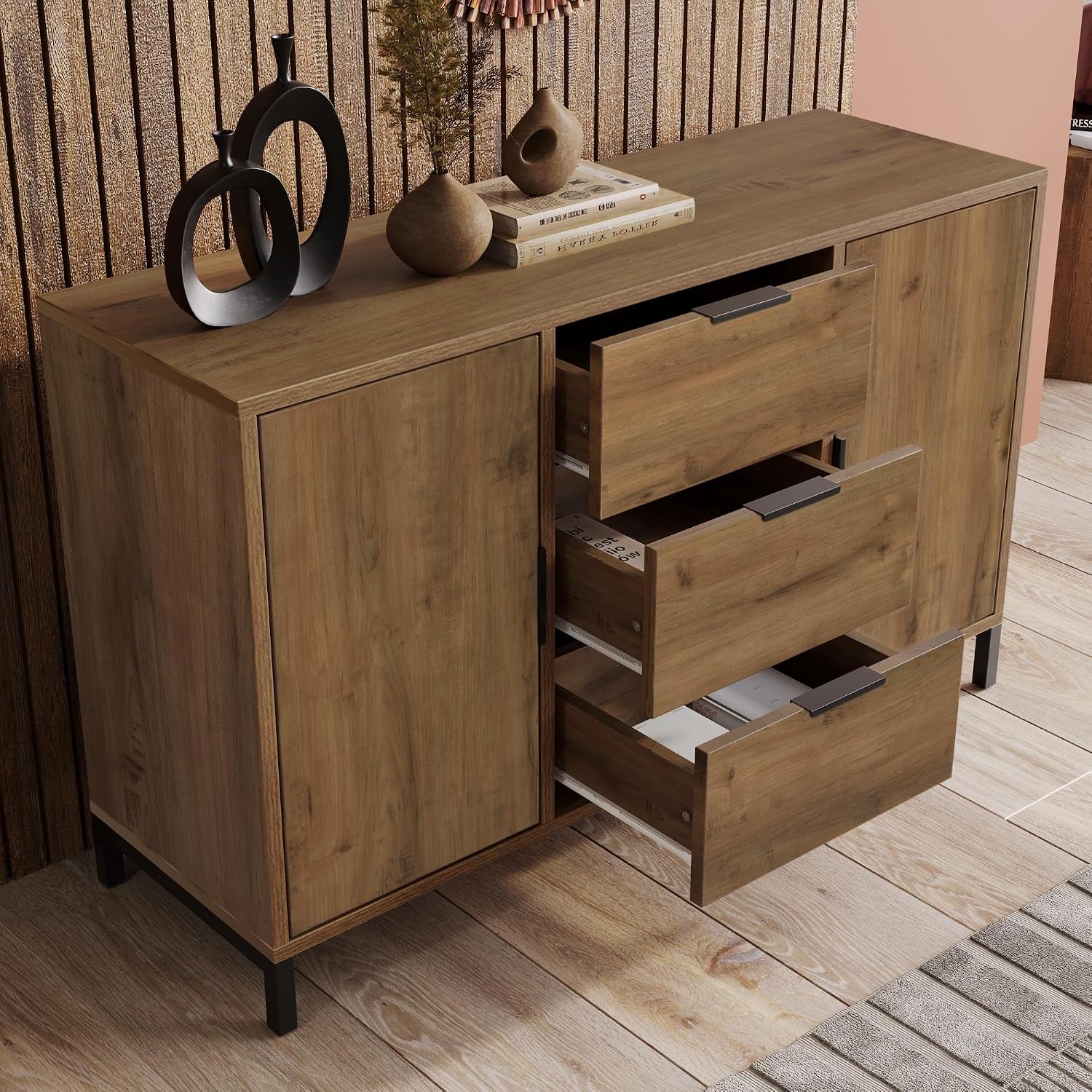 Sideboard Cabinet Cupboard with 2 Doors and 3 Drawers, Rustic Sideboards for Living Room, Kitchen, and Hallway, Adjustable Shelf, 120 X 40 X 76 Cm, Dark Oak