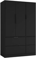 3 Door Wardrobe with 4 Drawers – Wooden Bedroom Storage Cupboard with Hanging Rail for Clothes - Black Unit & Black Doors & Drawers