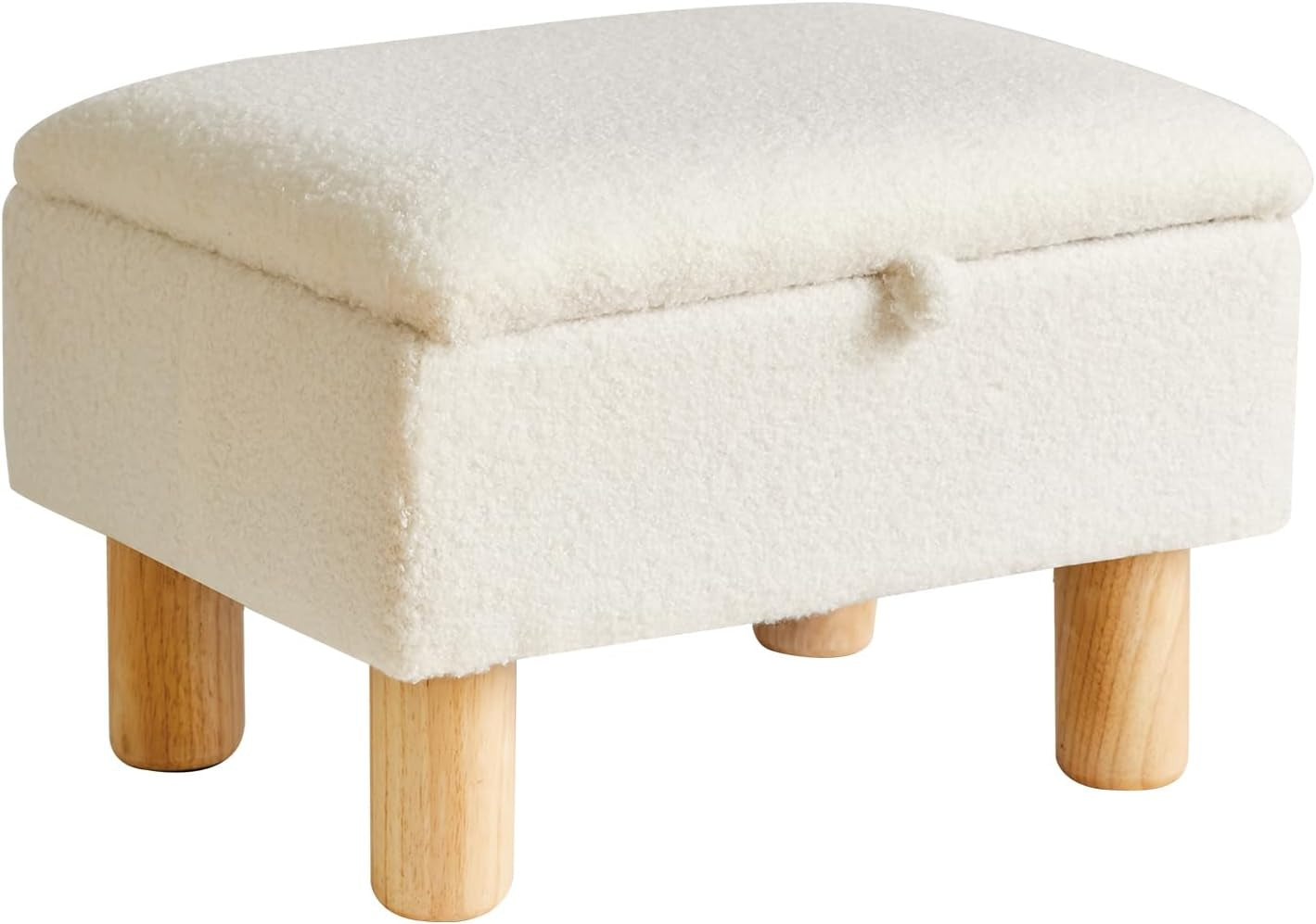 Small Footstool with Storage, Faux Teddy Fur Foot Stool Ottoman with Wooden Legs, Change Shoes Stool for Living Room Bedroom Entryway Office,White YD-JD136W