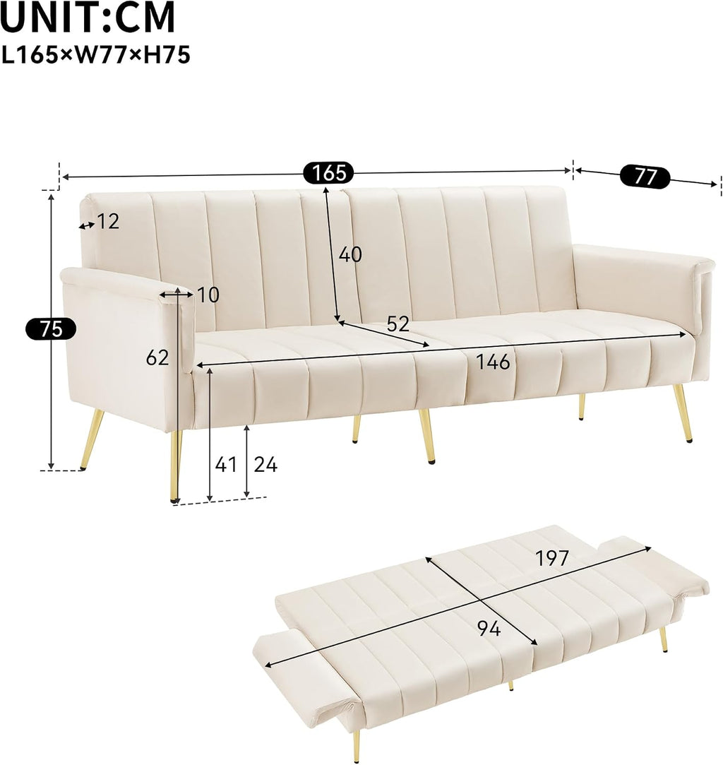 2 Seater Sofa Bed with Multi‑Position Backrest & Armrests, Velvet | Couch Bed Double with Metal Legs, Modern Loveseat Sofa for Living Room, Bedroom, Home Theater & Guest Room