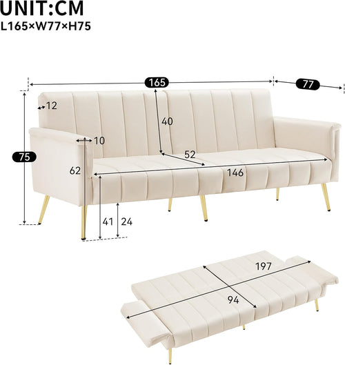2 Seater Sofa Bed with Multi‑Position Backrest & Armrests, Velvet | Couch Bed Double with Metal Legs, Modern Loveseat Sofa for Living Room, Bedroom, Home Theater & Guest Room