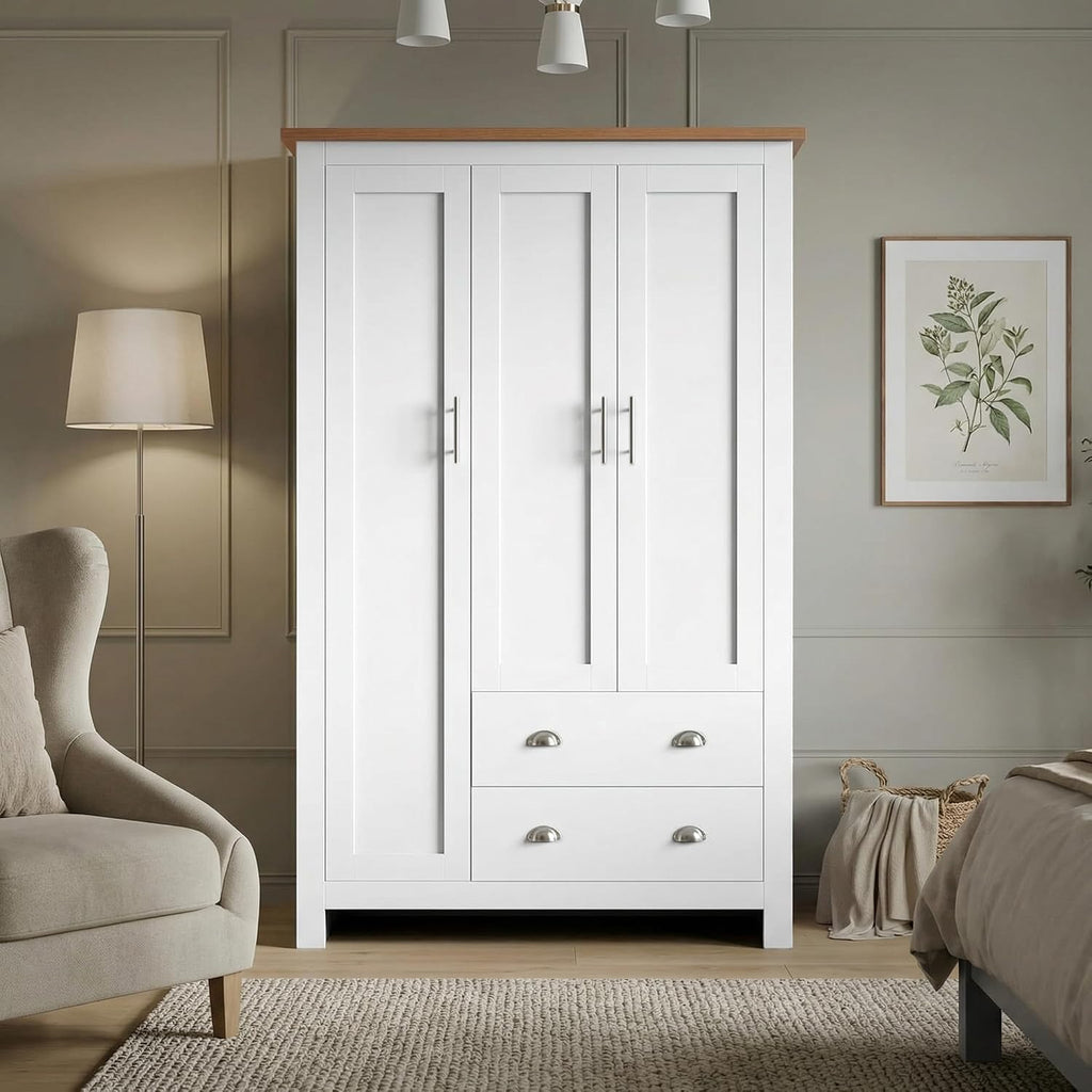 3 Door Wardrobe, MDF Wooden Bedroom Wardrobe with Hanging Rail, Modern Large Storage Cupboard Organiser with 4 Shelves and 2 Drawers, Triple Wardrobe for Bedroom Furniture (White & Oak)