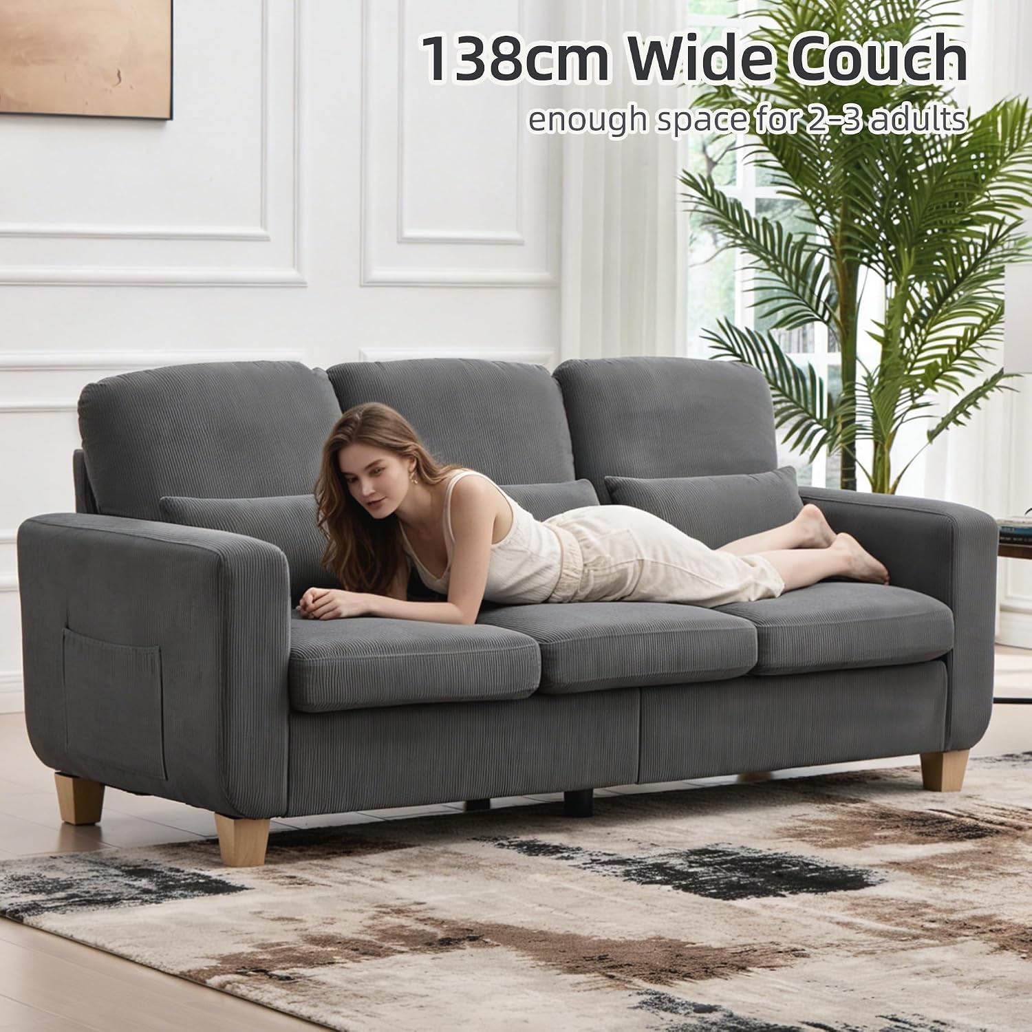 3 Seater Sofa, Corduroy Couch with Solid Wood Frame,Gray | 16Cm Thick High Density Foam, Removable Machine-Washable Covers, Solid Wood Frame, Easy Assembly, UK Fire Safety Compliant.