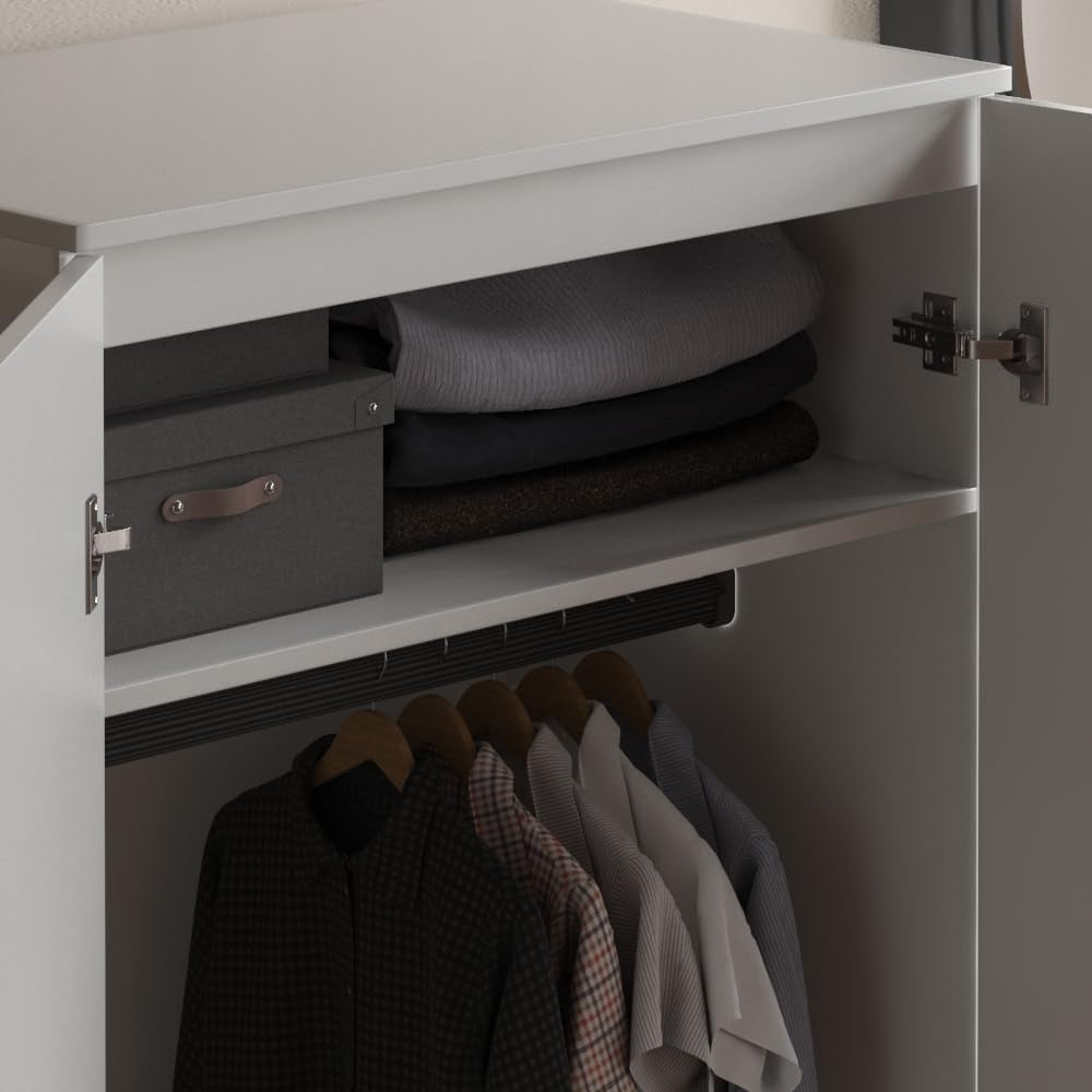 Riano 2 Door Wardrobe | White | Bedroom Furniture | 170H X 76W X 53D Cm | with Shelf & Hanging Rail | Large Capacity Storage