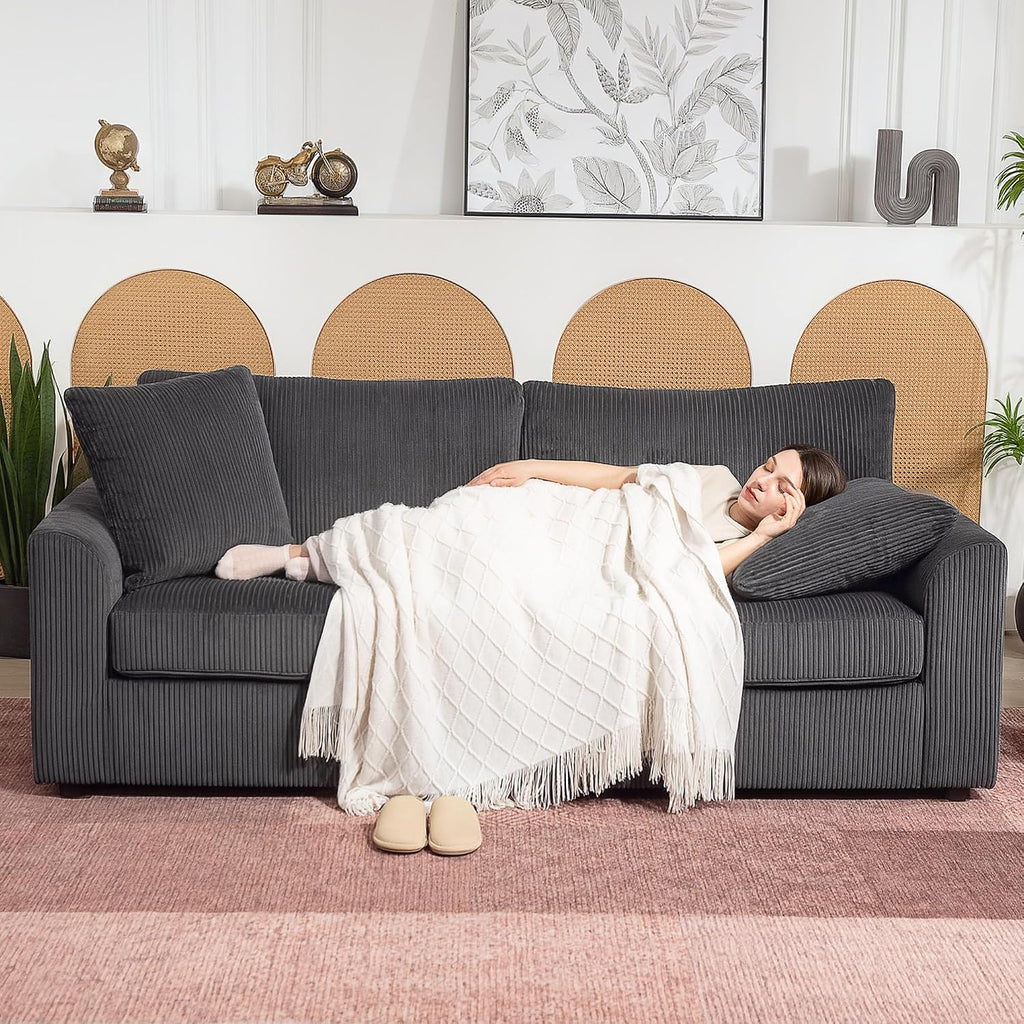 Modern 3 Seater Sofa with Spring Cushion Fabric 212 Cm Grey | Jumbo Cord Sofa Couch, 2 Scatter Cushions, Upholstered Corduroy Settee, Living Room, Bedroom, Home Office