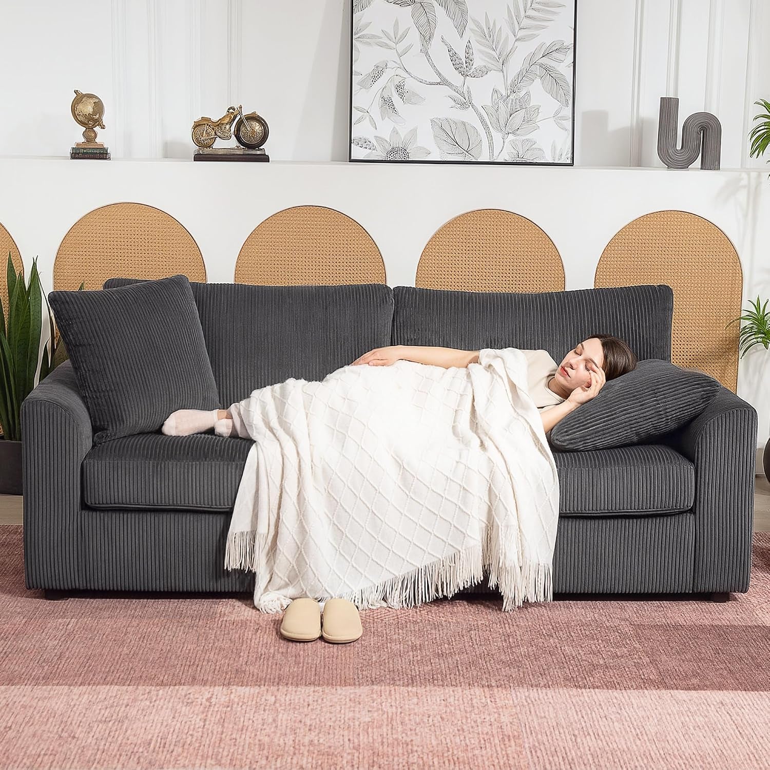Modern 3 Seater Sofa with Spring Cushion Fabric 212 Cm Grey | Jumbo Cord Sofa Couch, 2 Scatter Cushions, Upholstered Corduroy Settee, Living Room, Bedroom, Home Office