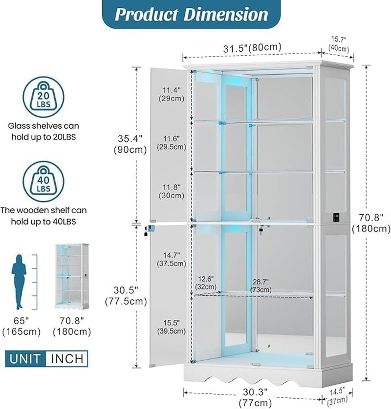 Glass Display Cabinet with Lock and RGB Lights, 5-Tier, White | Curio Display Case with Glass Doors, with Adjustable Shelf and Human Sensor Design, for Collectibles/ Toys/ Books