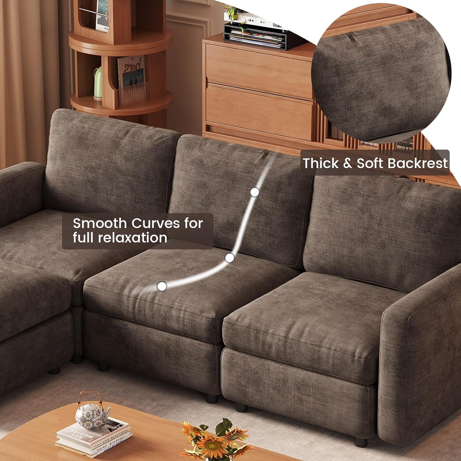 90.15" Large Modular Sectional Sofa, 5-Seater U-Shaped Couch with 2 Storage Ottoman, Deep Seat & Comfortable Upholstery, Wooden Frame for Apartment & Office, Brown