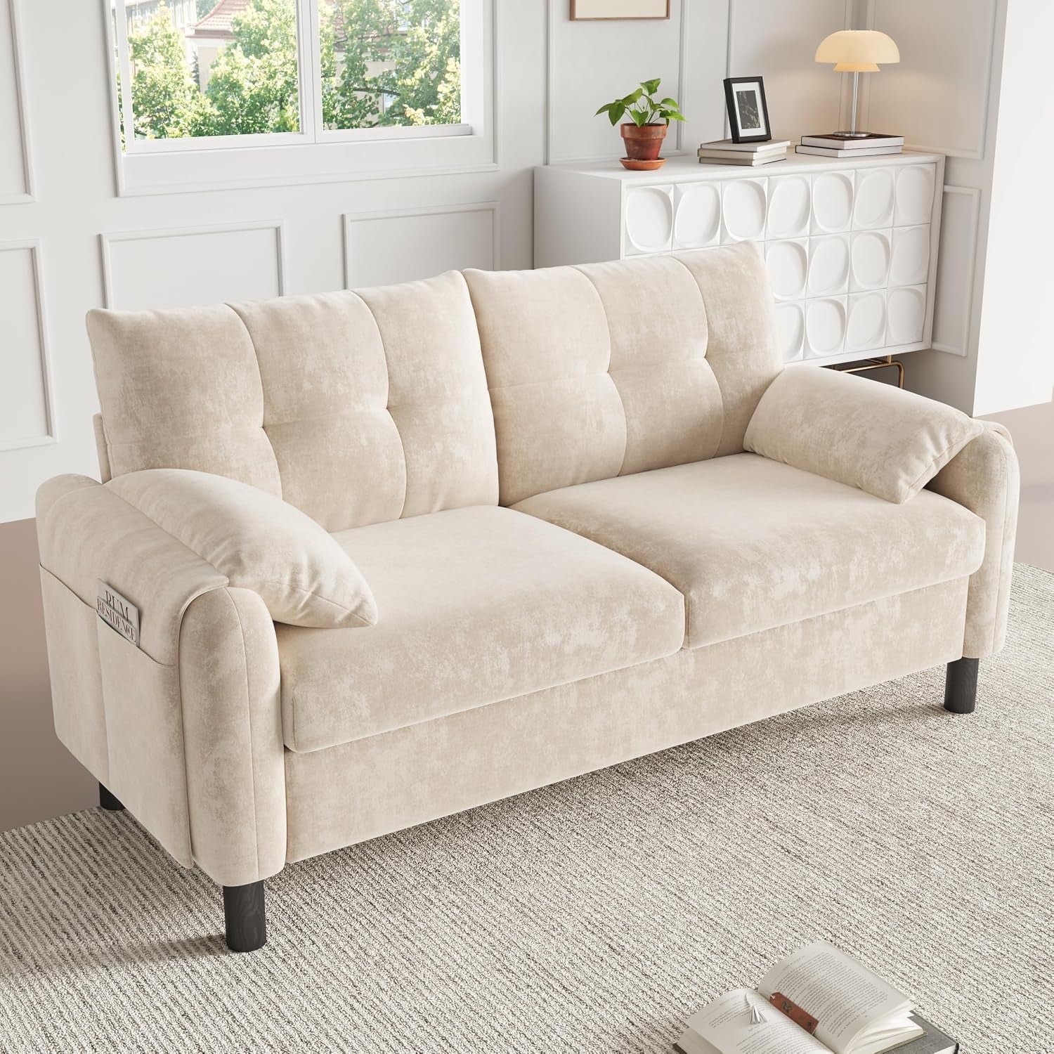 2 Seater Chenille Sofa Small Sofa with Soft Cushioned Seat Beige | Two Seater Sofa with Pillow‑Style Armrests and Side Storage Pocket, Loveseat for Small Living Rooms, Bedrooms and Apartments