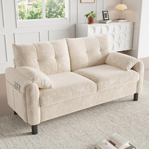 2 Seater Chenille Sofa Small Sofa with Soft Cushioned Seat Beige | Two Seater Sofa with Pillow‑Style Armrests and Side Storage Pocket, Loveseat for Small Living Rooms, Bedrooms and Apartments