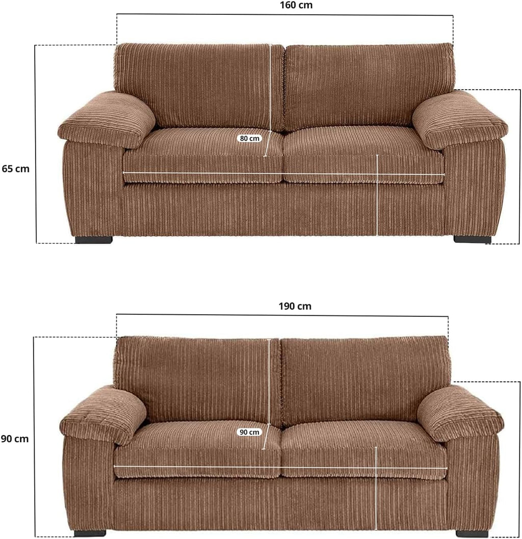 Bliss Furniture Amalfi Jumbo Cord 3+2 Seater Sofa Set for Family Living Rooms – Matching 3 Seater + 2 Seater, Soft Corduroy, Birch Frame, Memory Foam – High Back Couch Set (Beige, 3+2 Seater)