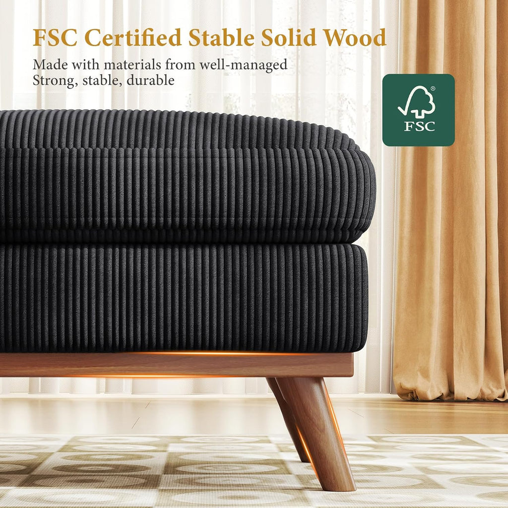 Large Ottoman for Modular Sofa, Large Corduroy Ottoman with Spring Cushion, Rectangle Foot Rest for Couch, Entrance Footstool with Wood Legs, Footstool for Living Room, Bedroom, Black