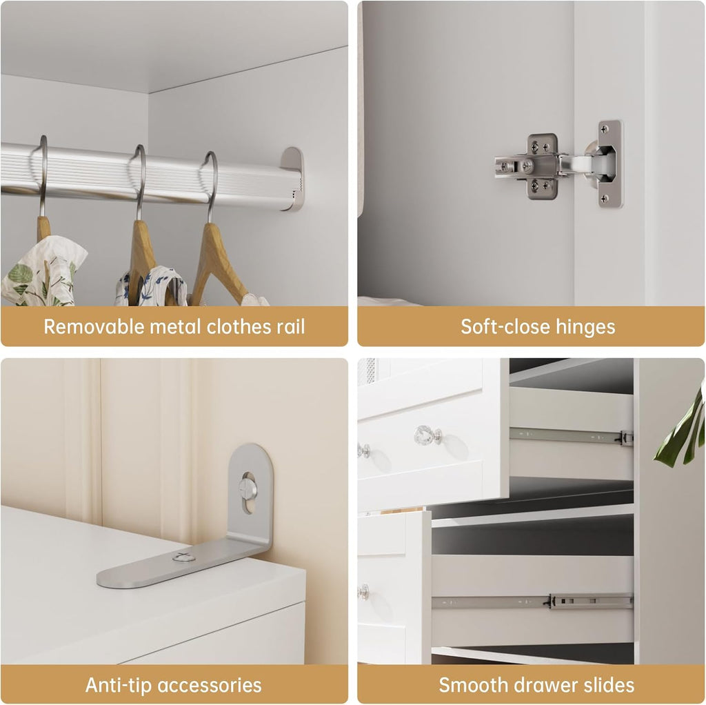71" Tall Armoire Wardrobe Closet with Drawers and Mirror | Clothing Storage Cabinet with Hanging Rod, 2 Doors Wooden Wardrobe Cabinet for Bedroom, Large Capacity Storage (White)