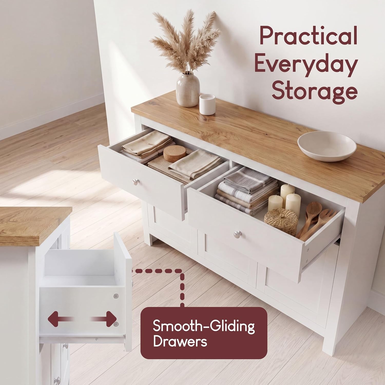 Arlington Sideboard, Buffet Table, Cupboard Cabinet (White & Oak, 2 Drawer 3 Door)