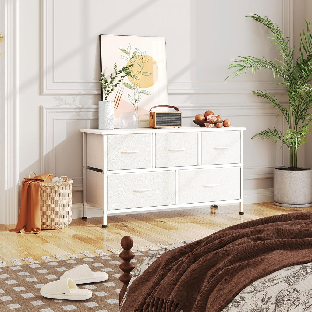 Chest of Drawers with 5 Drawers, White Fabric Dresser with Wood Top for Bedroom, Living Room, Large Storage Space