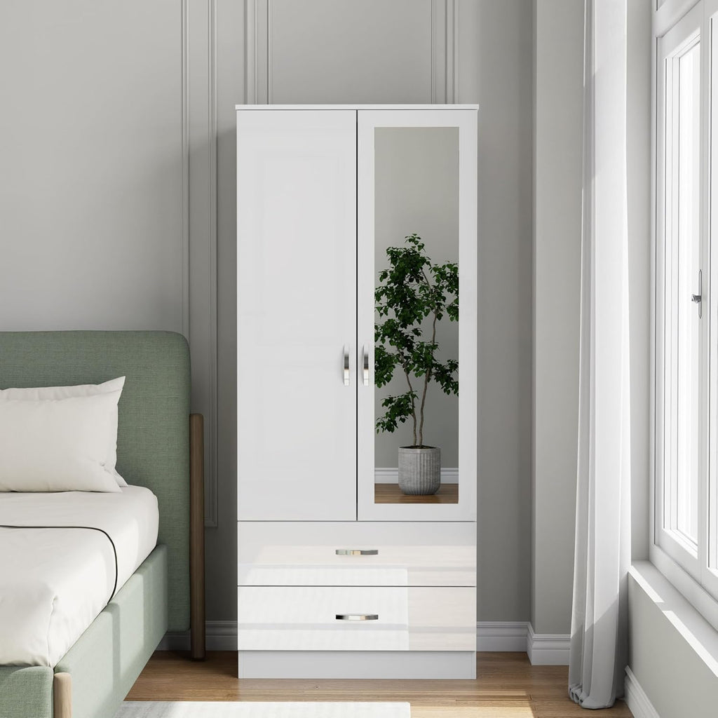 Gloss 2 Door Wardrobe with Mirror N Drawer 180Cm for Bedroom Storage, Gloss White(Matt White)