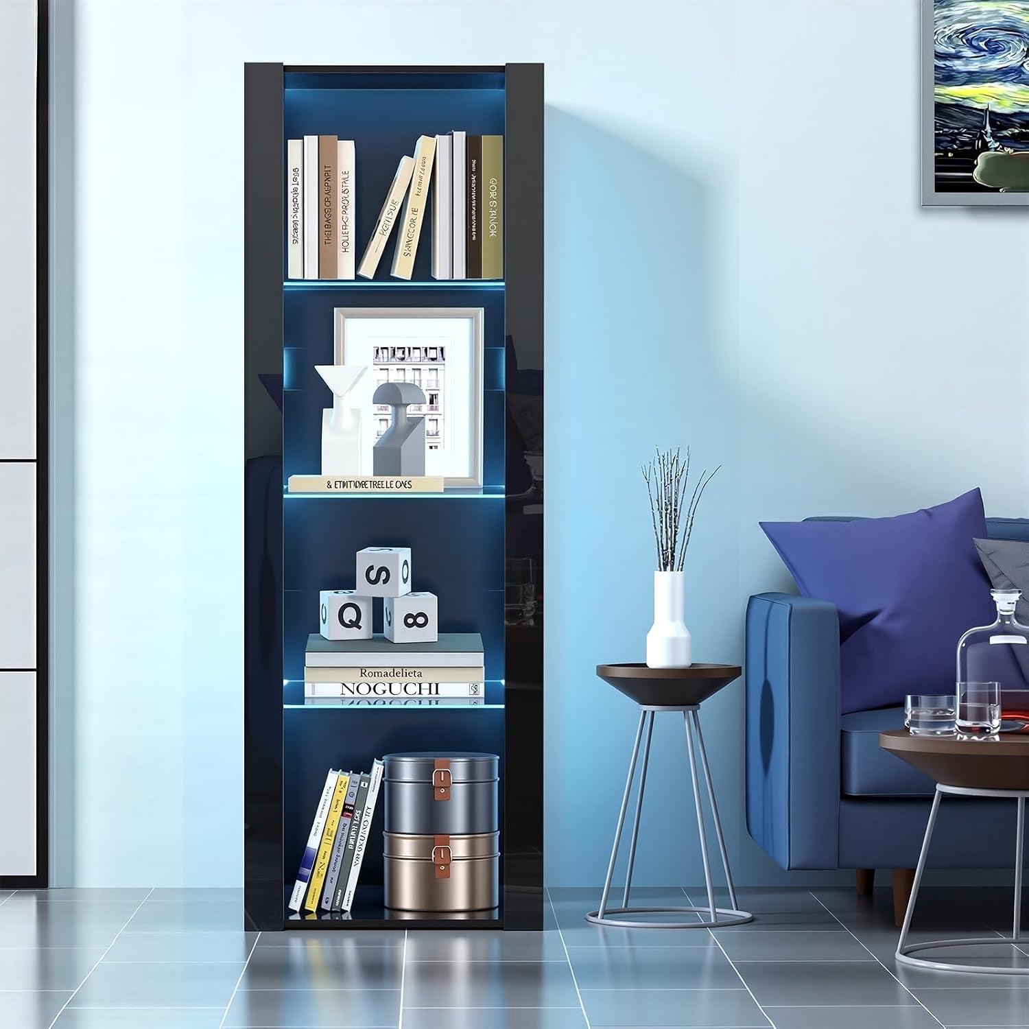 LED Tall Display Cabinet with Glass Shelf Modern Sideboard Cupboard Unit for Living Room Bedroom Furniture (Black Matt Body & Black High Gloss Fronts)