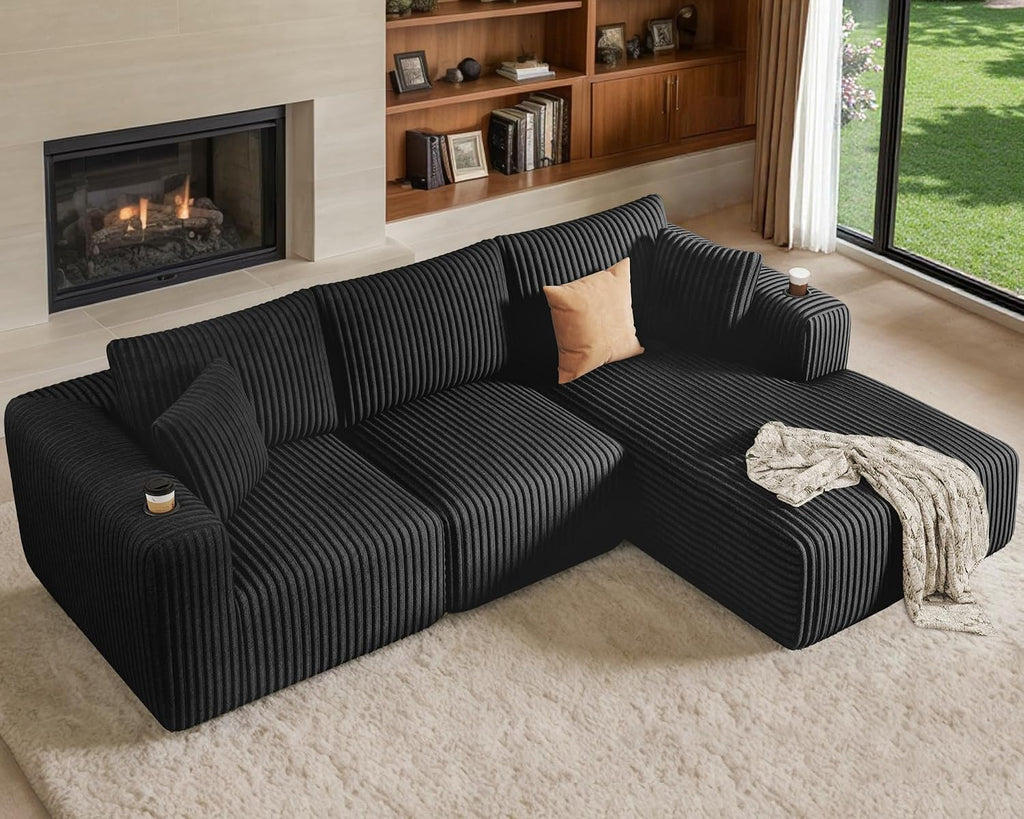 275Cm L-Shaped Sofa Boneless Modular Sectional Cloud Couch | 3-4 Seater, Corduroy Memory Foam,Cup Holder,No Assembly,Living Room & Bedroom