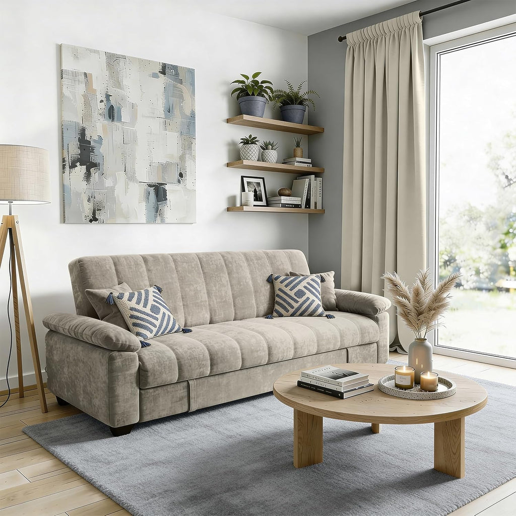 3-Seater Sofa Bed VERONICA, Taupe | Pull-Out Sleeper, Modern Upholstered, Compact & Comfortable Design, Click-Clack Mechanism, Adjustable Back Support
