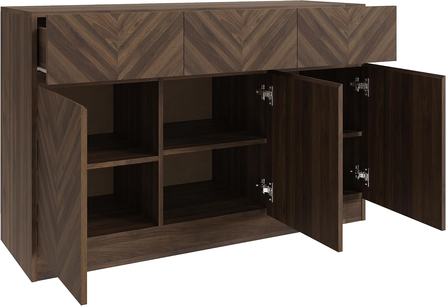 Catania Narrow Large Sideboard Cabinet Unit with 3 Storage Drawers & 3 Storage Cupboards, Walnut Furniture for Living Room, Dining Room, Hallway & Office, Royal Walnut D39.8 X H76 X W118.8Cm