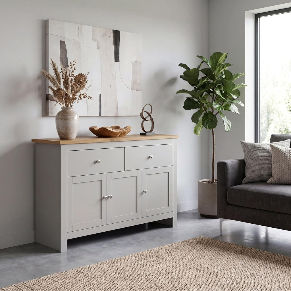 Arlington Sideboard, Buffet Table, Cupboard Cabinet (Grey & Oak, 2 Drawer 3 Door)