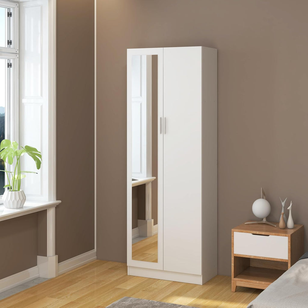 2 Door Mirrored Wardrobe with Hanging Rail Wooden Clothes Storage Cupboards Unit for Bedroom Furniture 72 X 47 X 170 Cm (White)