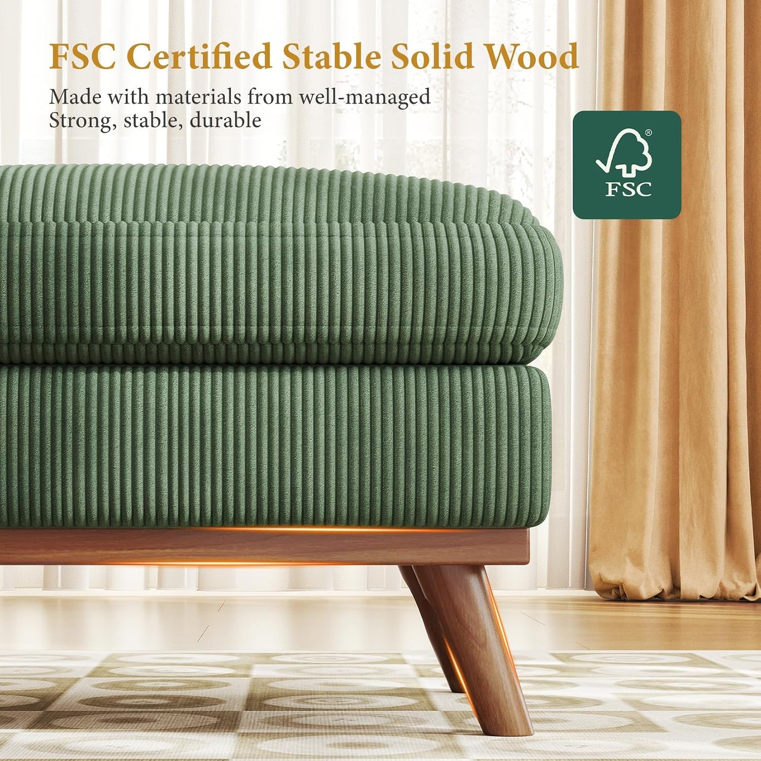 Large Ottoman for Modular Sofa, Large Corduroy Ottoman with Spring Cushion, Rectangle Foot Rest for Couch, Entrance Footstool with Wood Legs, Footstool for Living Room, Bedroom, Green