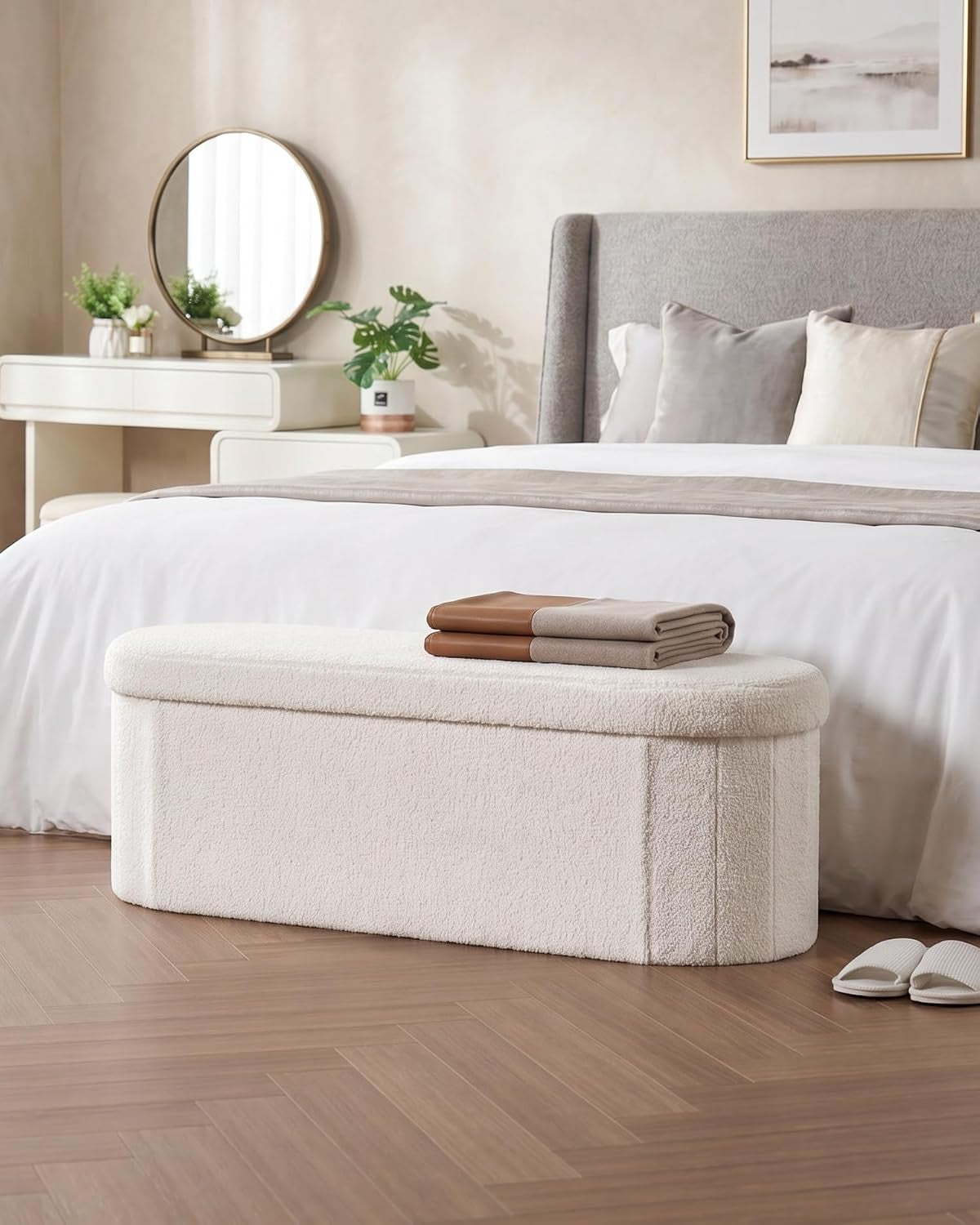 Folding Ottoman Storage Bench,Boucle Footstool Oval, End of Bed Stool, Ideal for Living Room, Bedroom, 100L Storage Space,Cream,110X38X38Cm