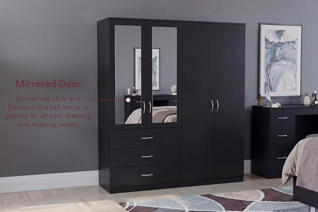 Riano 4 Door 3 Drawer Mirrored Wardrobe | Black | Modern Bedroom Furniture | 175H X 154W X 54D Cm | with Storage Shelf & Hanging Rail | Large Capacity Storage