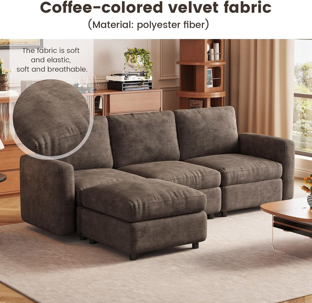 90.15" Large Modular Sectional Sofa, 5-Seater U-Shaped Couch with 2 Storage Ottoman, Deep Seat & Comfortable Upholstery, Wooden Frame for Apartment & Office, Brown